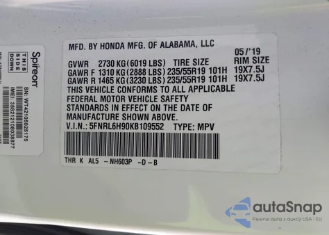 2019 Honda Odyssey Elite from USA, damaged, VIN 5FNRL6H90KB109552